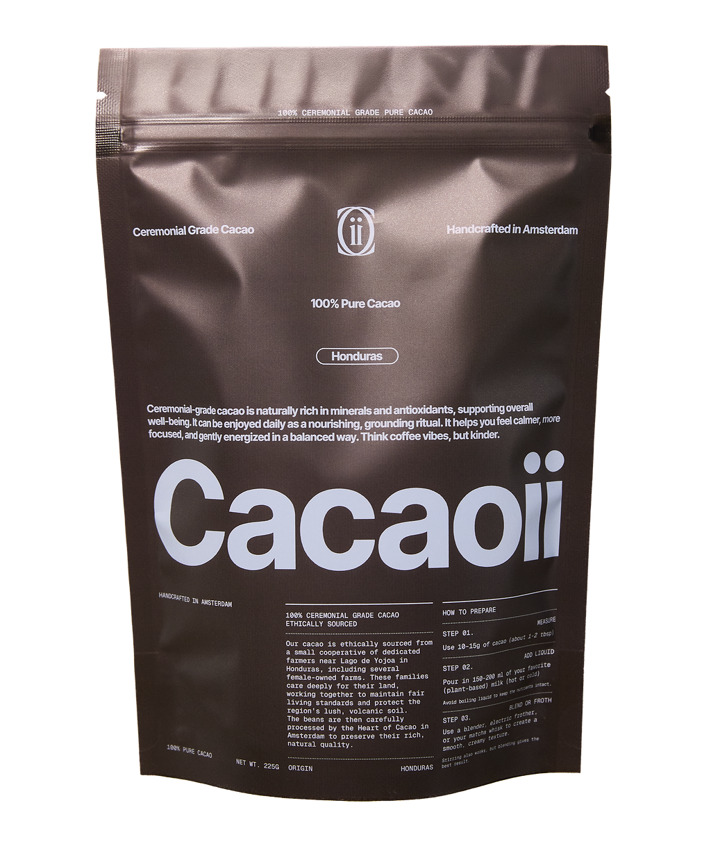Brown Cacaoii ceremonial grade cacao pouch with “Honduras” origin label and product details.