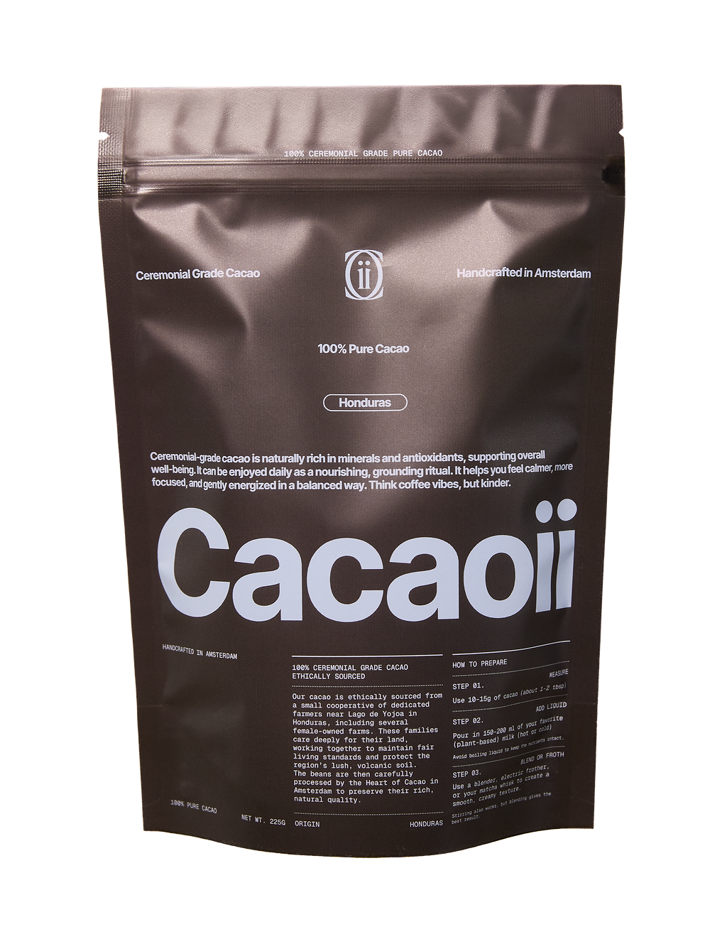 Brown Cacaoii ceremonial grade cacao pouch with “Honduras” origin label and product details.