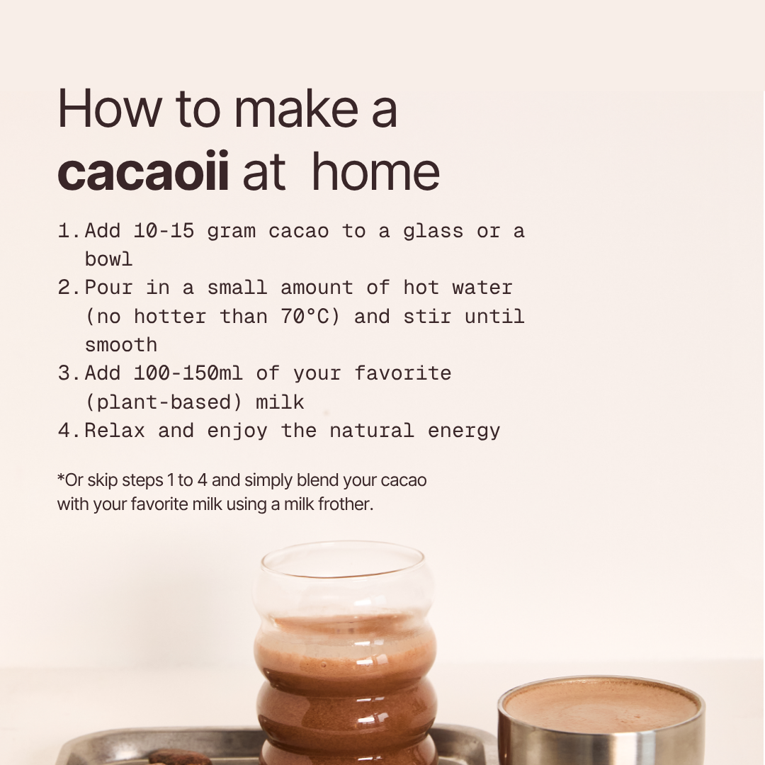 Instructions on how to make a cacaoii at home with a glass of cacao and a cup.
