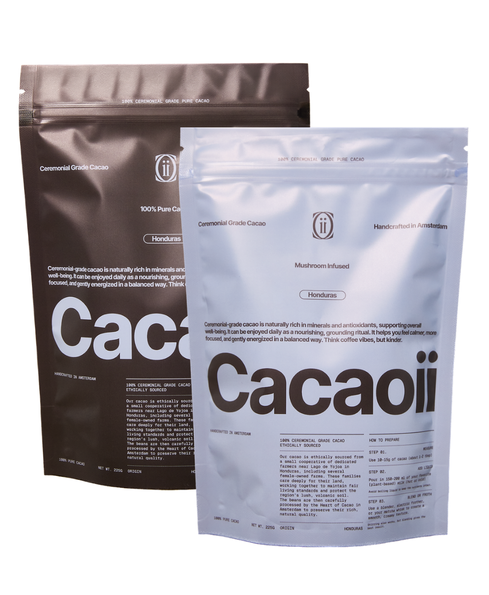 Two Cacaoii ceremonial cacao pouches side by side, classic ceremonial grade cacao and mushroom infused cacao, both sourced from Honduras and handcrafted in Amsterdam.