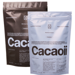 Two Cacaoii ceremonial cacao pouches side by side, classic ceremonial grade cacao and mushroom infused cacao, both sourced from Honduras and handcrafted in Amsterdam.