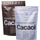 Two Cacaoii ceremonial cacao pouches side by side, classic ceremonial grade cacao and mushroom infused cacao, both sourced from Honduras and handcrafted in Amsterdam.