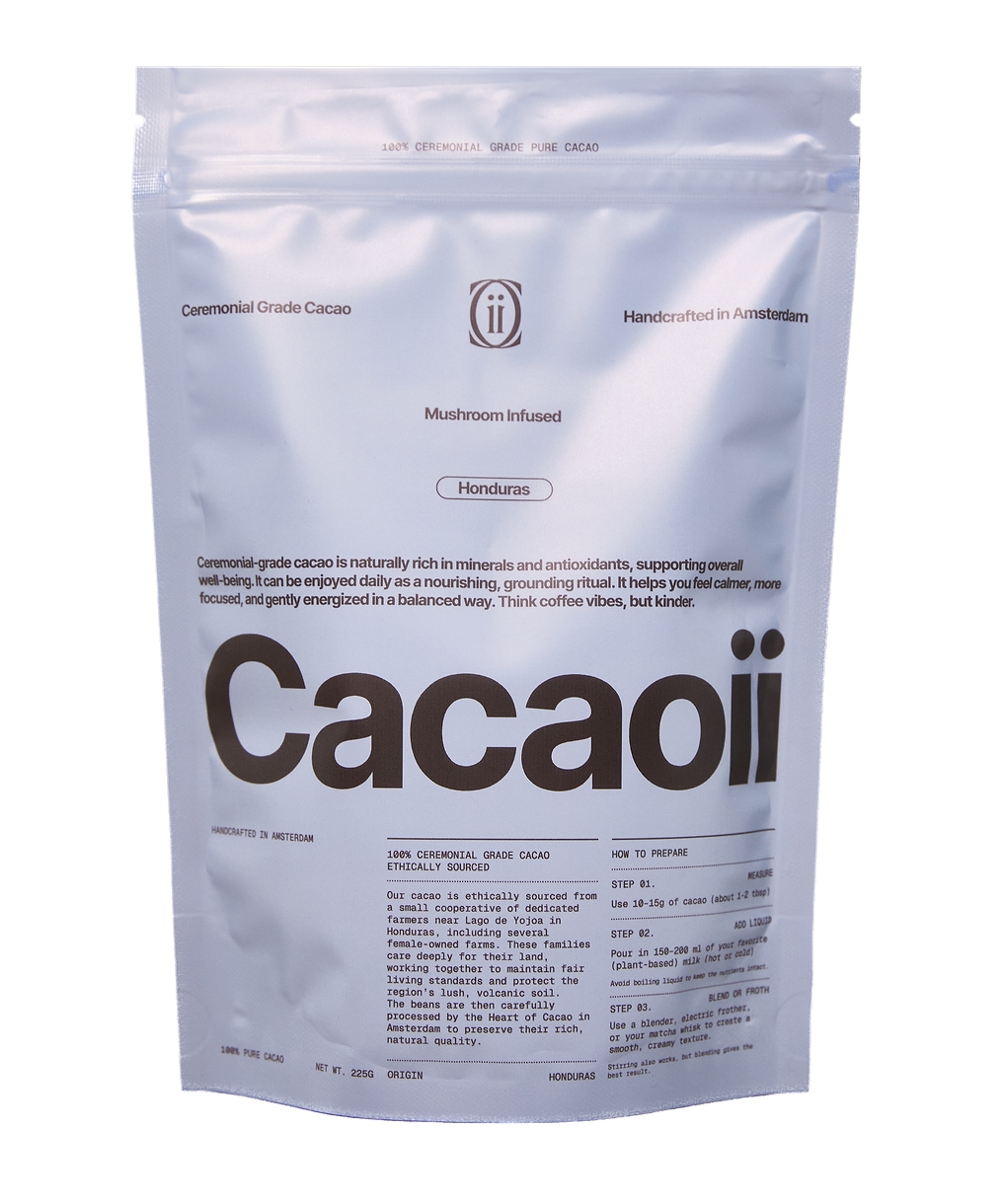 White Cacaoii mushroom infused ceremonial cacao pouch with Honduras origin label.
