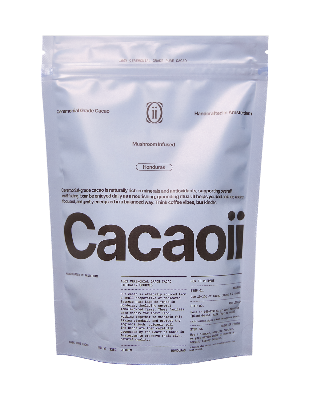White Cacaoii mushroom infused ceremonial cacao pouch with Honduras origin label.
