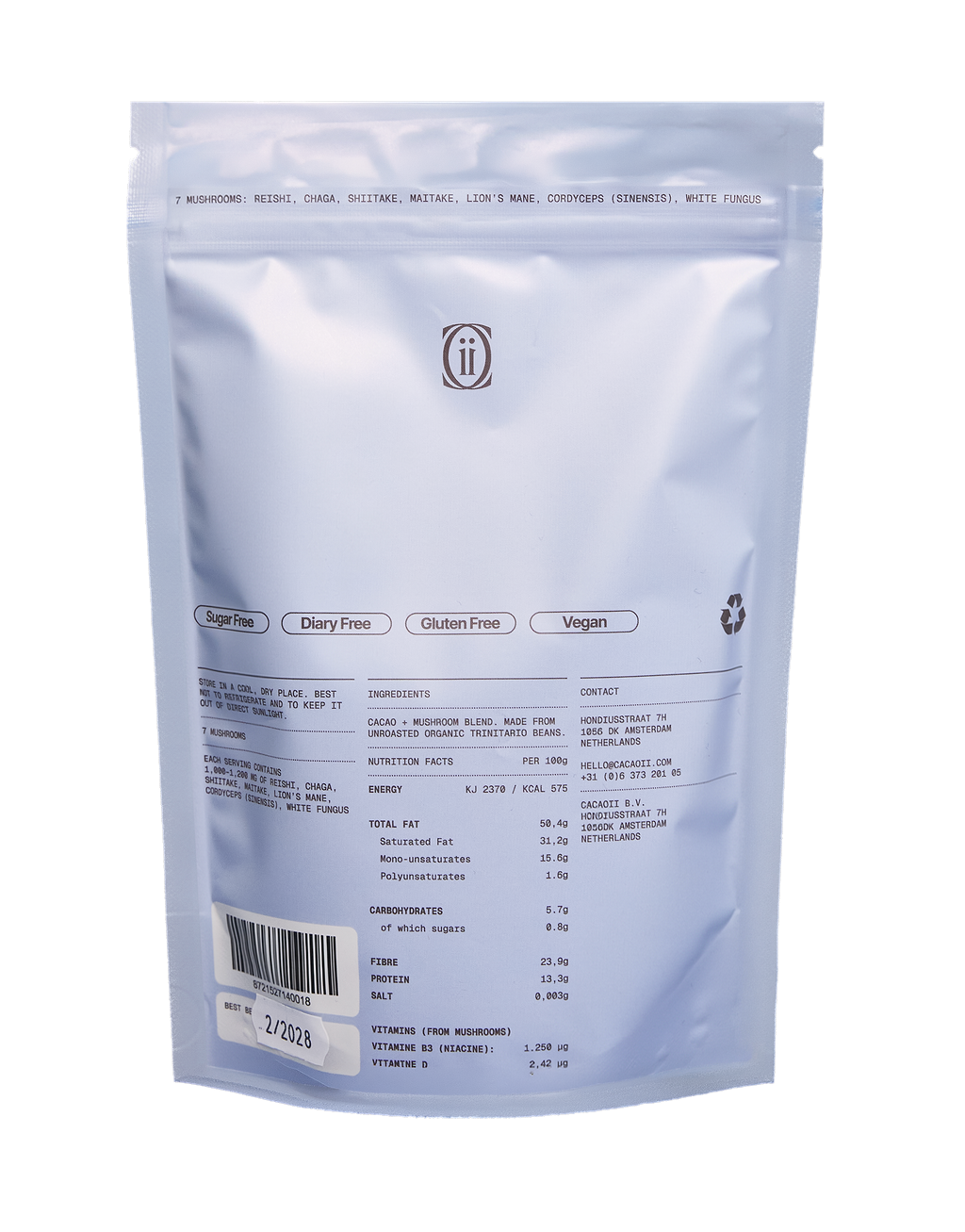 Back view of a blue package of cacaoii with text and a barcode on a white background