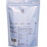Back view of a blue package of cacaoii with text and a barcode on a white background
