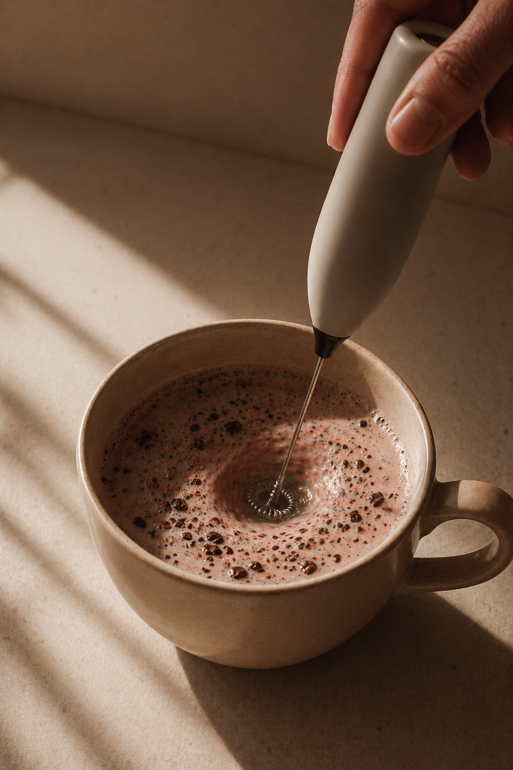Person using a milk frother to stir a cup of hot chocolate on a beige surface.